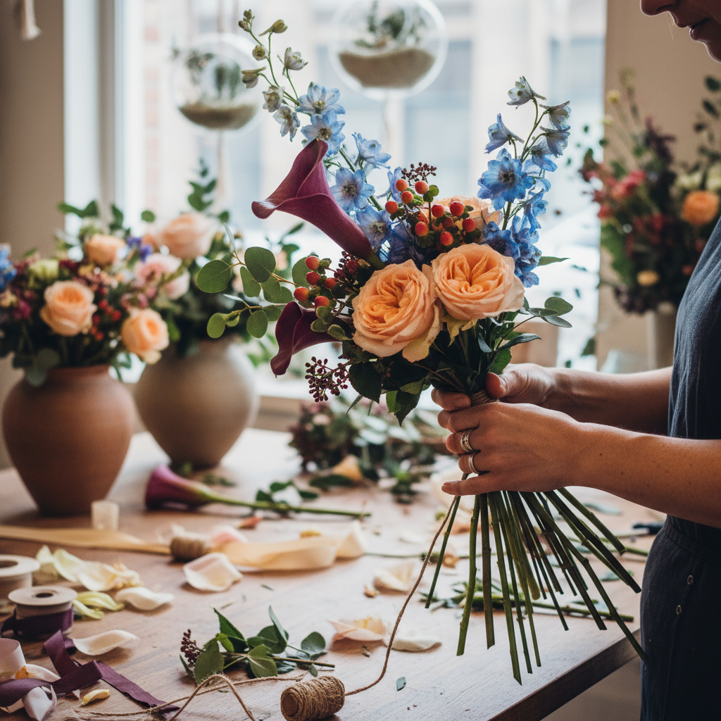 Florist bei der Arbeit an individuellen Arrangements