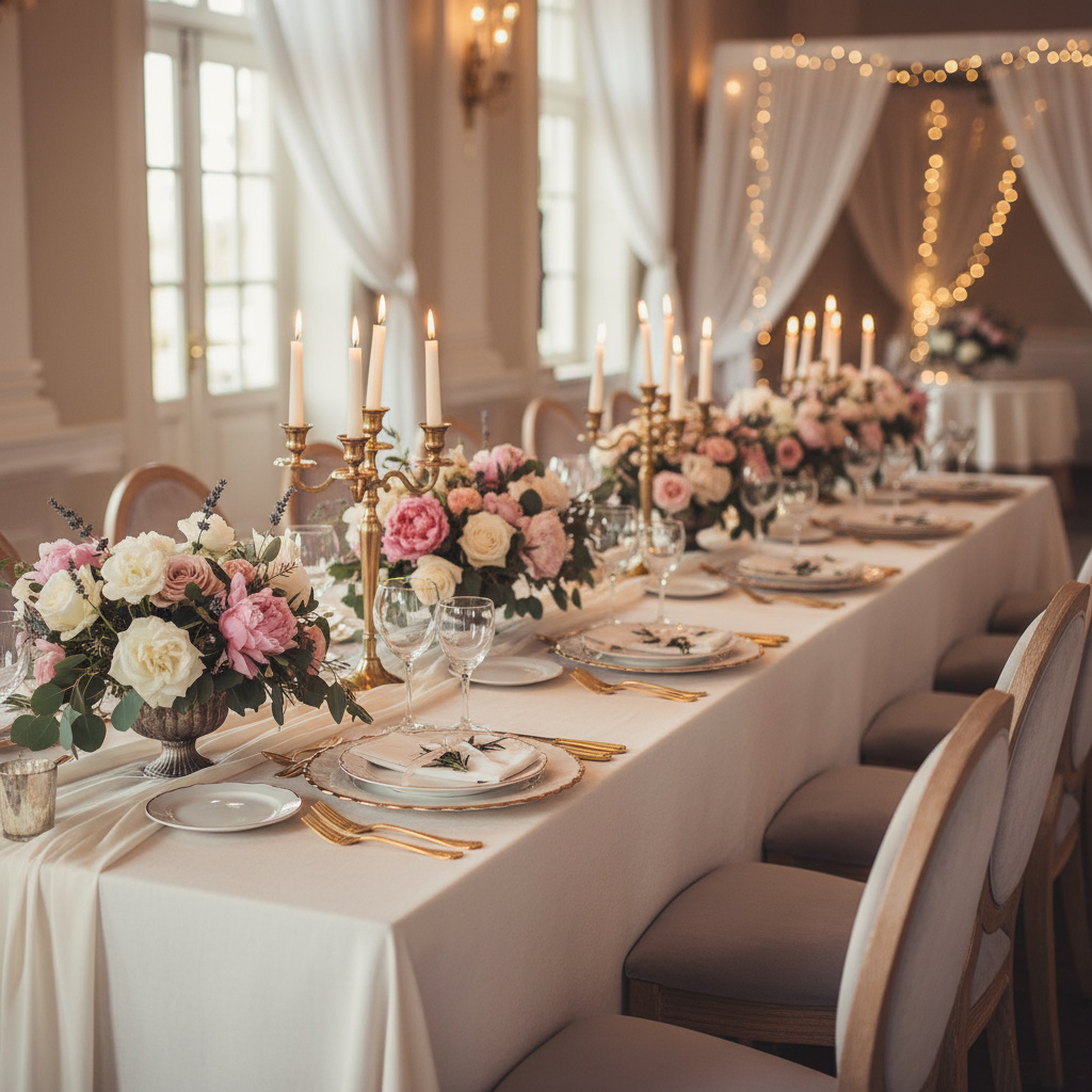 Elegante Tischdeko mit Blumen für ein Event